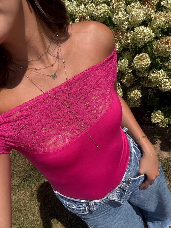 YPP Tops - Y2K pink lace off the shoulder top